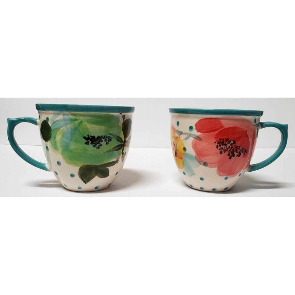 The Pioneer Woman Mugs Pair Vintage Bloom Aqua Turquoise Coral Yellow Dots 16oz